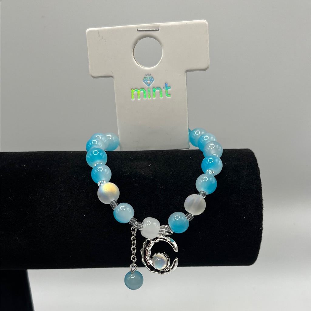 Mint Aqua And Silver Women's Bracelet With Moon Charm
